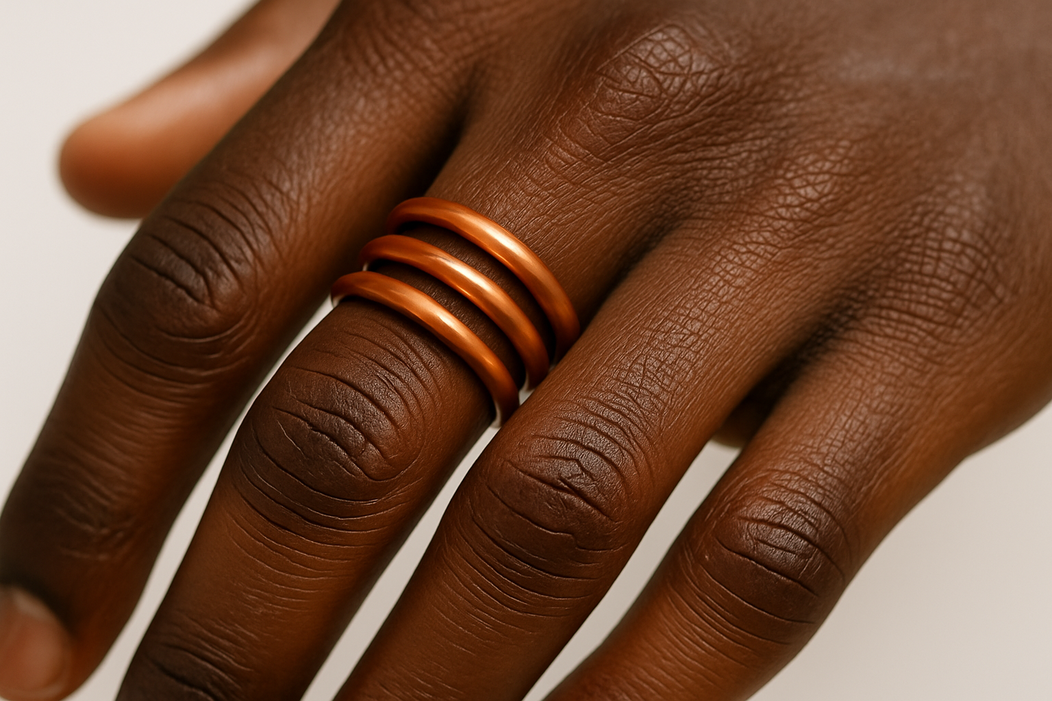 a black man's hand wearing a simple 3 coil copper ring 