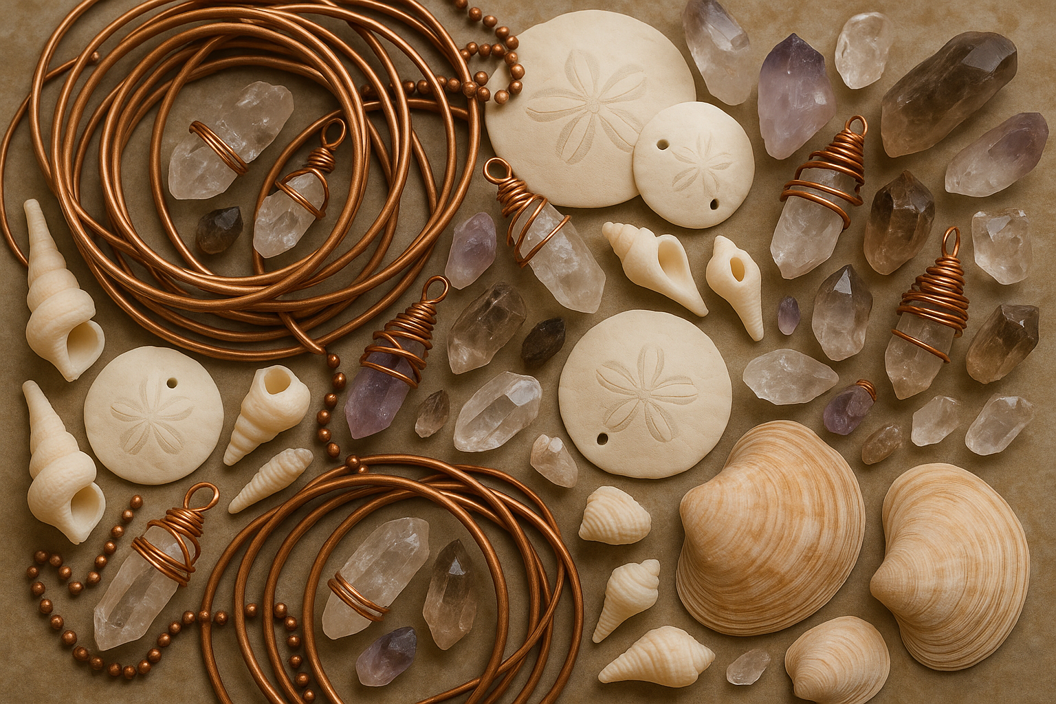remove half the unwrapped crystals,  make some of the crystals smoky quatrz and amethyst, make the sand dollars more realistic and different sizes, break off the bump of the conch shell in the middle, add a couple clam shells 